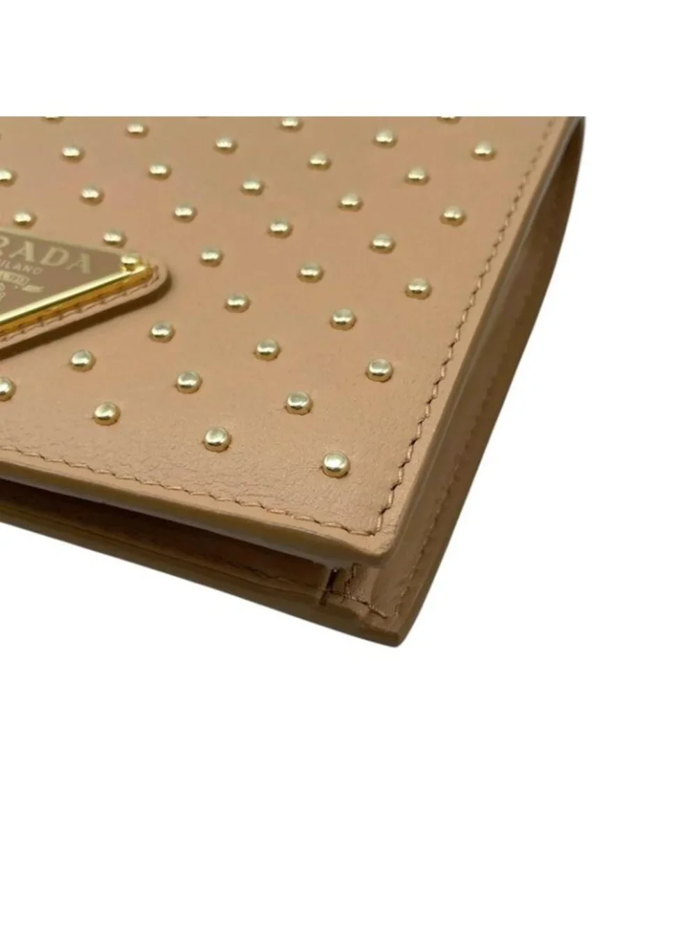 Prada Bifold Wallet Studded Leather Triangle Logo Natural Beige Gold - Picture 4 of 11